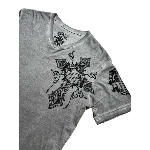 Y2K Rebel Saints Shirt Mens Medium Affliction Biker Angel Wings Skull Grunge - Picture 3 of 11